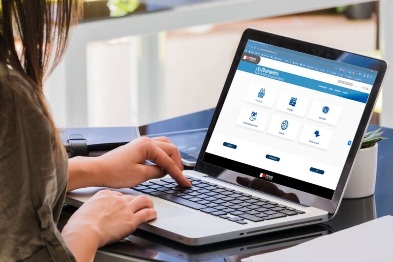 Pessoa navegando em um laptop, visualizando o Observatório dos Direitos da Pessoa com Deficiência (SP).