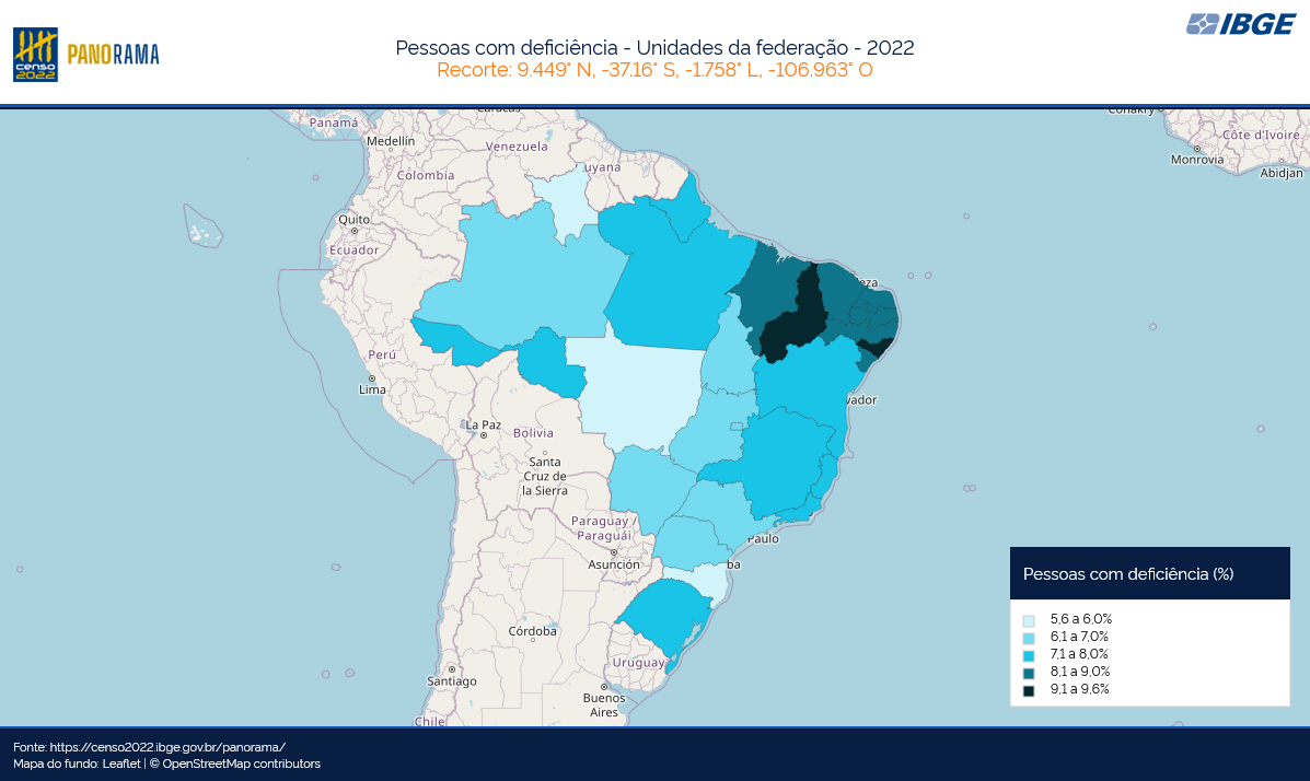 Mapa do Brasil com dados do Censo 2022 destacando, por estado, o percentual de pessoas com deficiência, com variações de 5,6% a 9,6%.