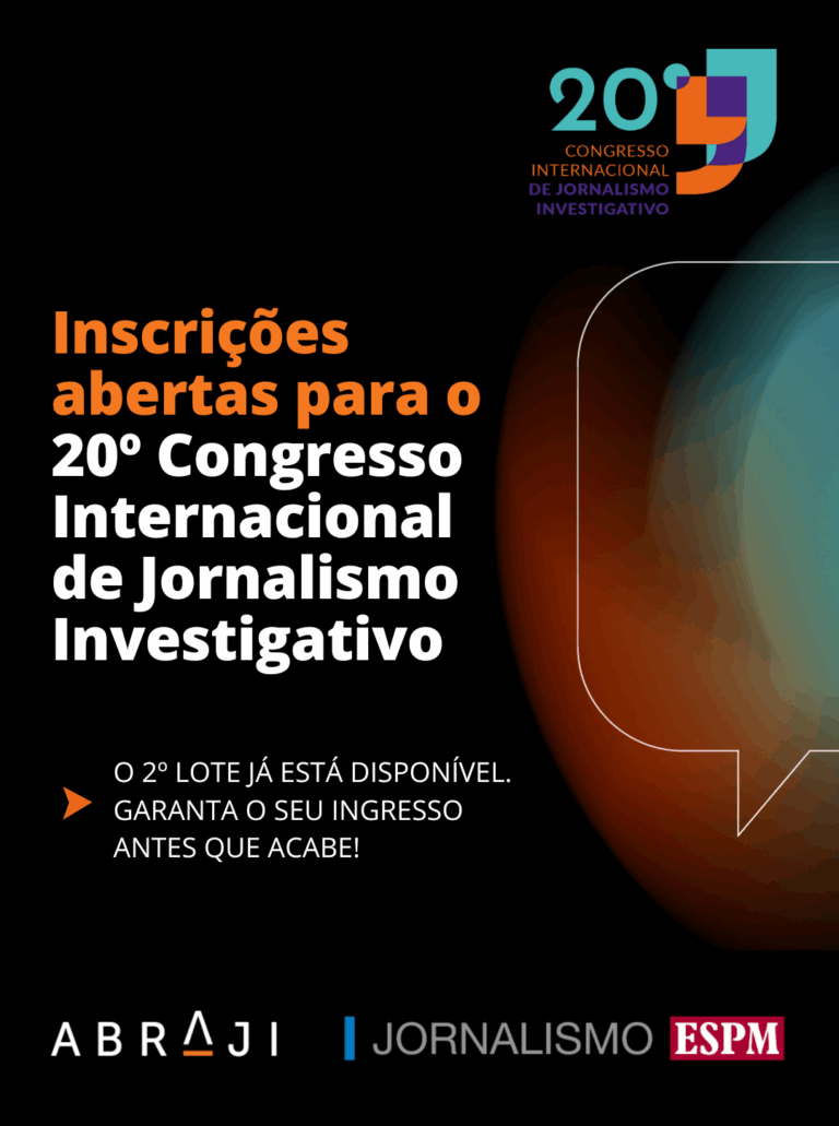 Banner do 20º Congresso Internacional de Jornalismo Investigativo com inscrições abertas e destaque para a parceria entre Abraji, ESPM e curso de Jornalismo.